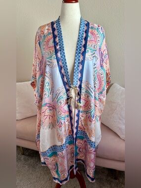 Chico's 100% Silk Open Front Kaftan Jacket Kimono Peach Paisley Long Length S/M